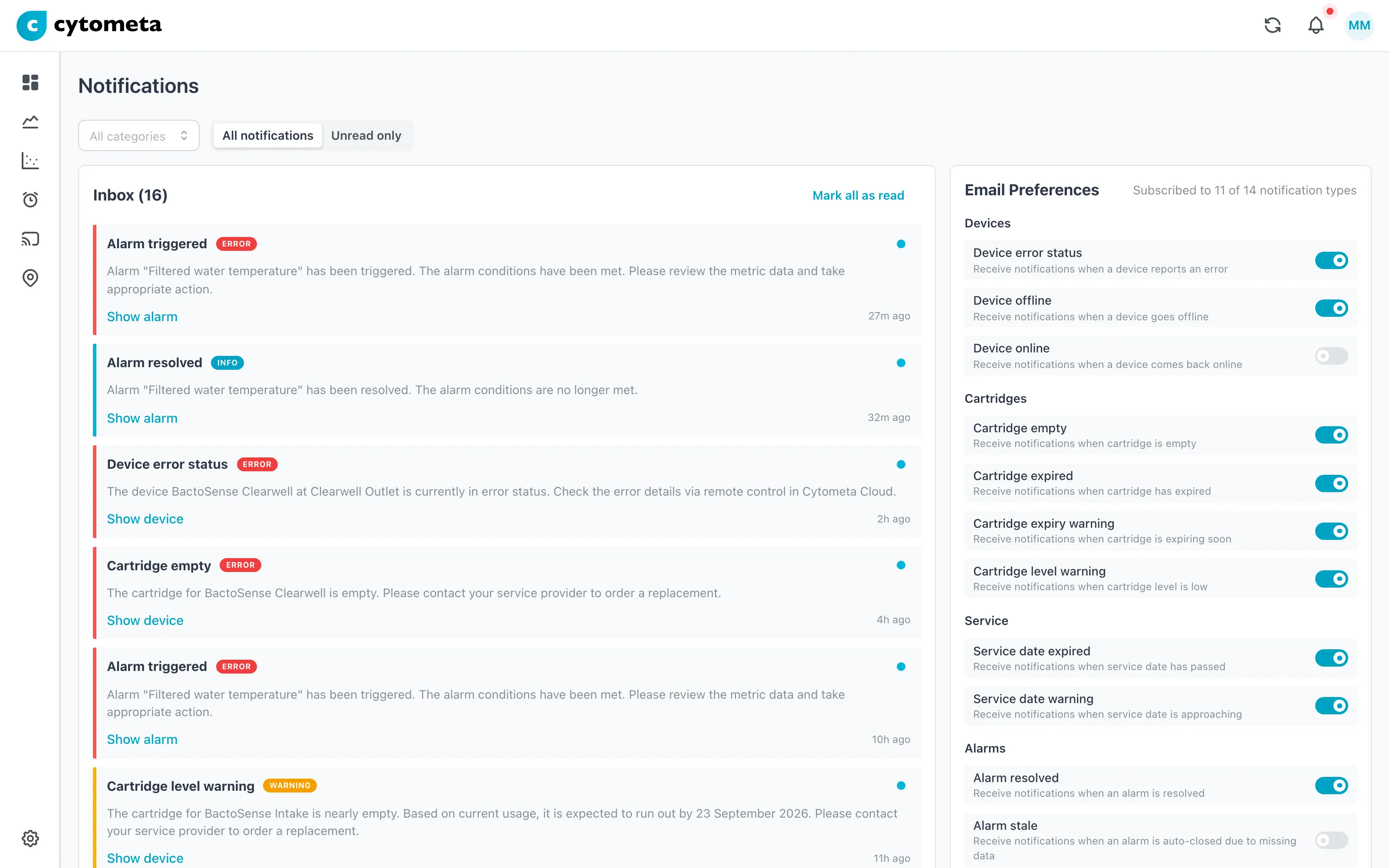 The notification inbox in Cytometa Cloud, with email preferences beside it