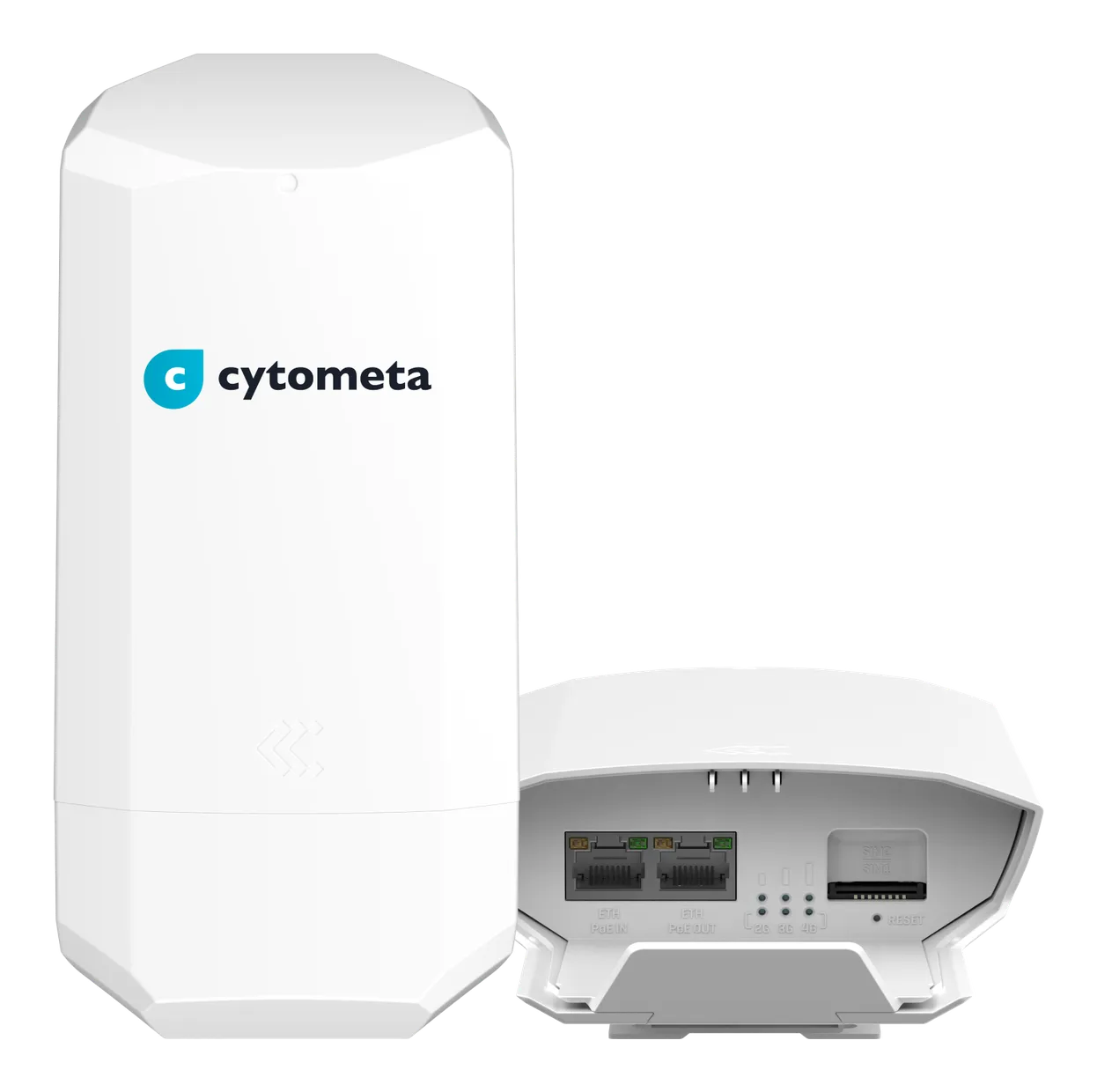 The Cytometa router, front and underside with its Ethernet ports, PoE and SIM slot